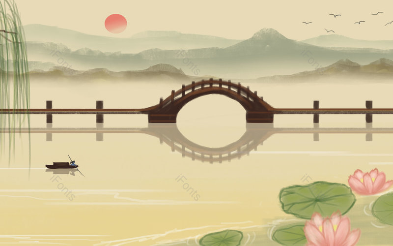 复古中国风荷花手绘风景山水插画背景设计,插画/手绘图,插画/手绘图库,插画/手绘图下载,插画/手绘